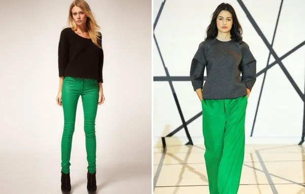 Модные зеленые брюки с темным свитером