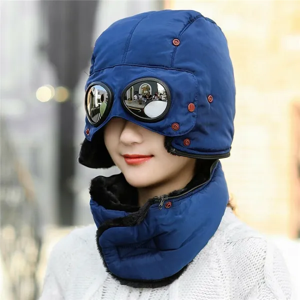 Теплая зимняя охотничья шапка с очками Осень Зима Велоспорт ветрозащитный Открытый кепки NFE99 - Цвет: Navy Blue