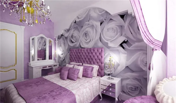 Креативный дизайн спальни в фиолетовом стиле