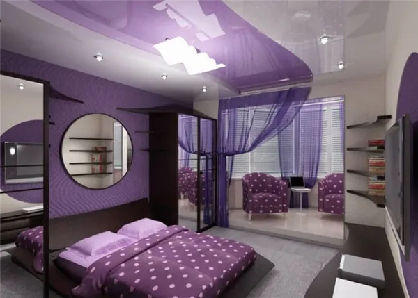 Фиолетовые обои в интерьере спальни