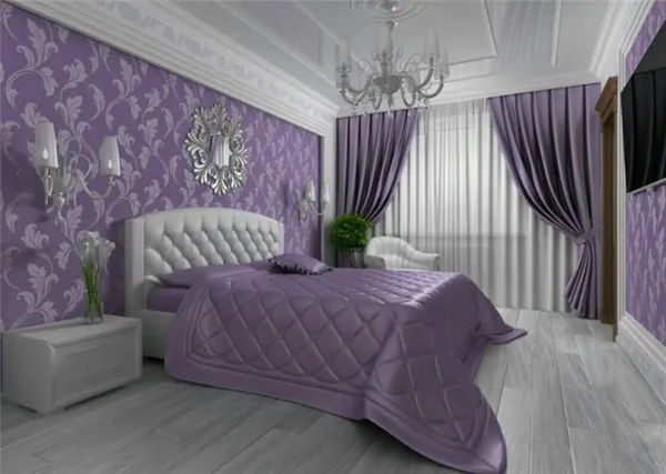 Уютный дизайн спальни в фиолетовом стиле