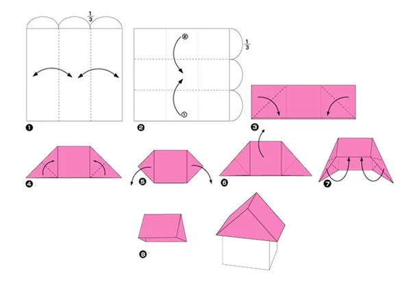 Поэтапная сборка оригами-домика для гирлянды 