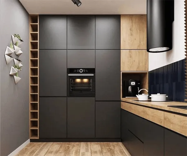 Дизайн угловой кухни в современном стиле минимализм черная с деревом