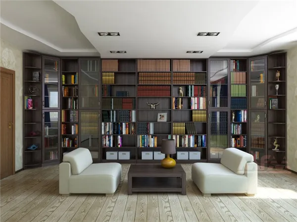 Книжные стеллажи во всю стену просторного зала