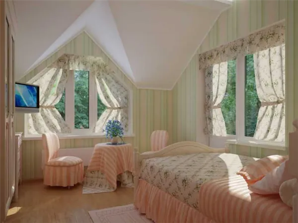 Как выбрать шторы для оформления мансардных окон со скошенным потолком 35