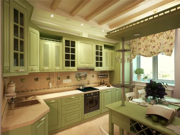 Светло-зеленая кухня площадью 11 кв метров в стиле прованс