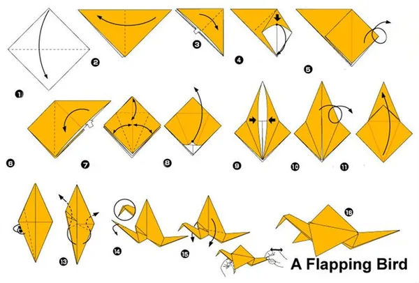 Пошаговая инструкция по сборке птицы, хлопающей крыльями, в технике оригами