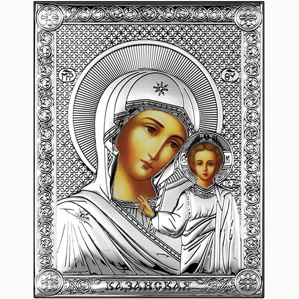 Икона Казанская Богородица, серебряная, на дереве