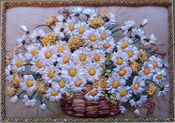 Вышивка лентами для начинающих пошагово — легкий урок создания картин из атласных лент с ромашками, подсолнухами и одуванчиками 16