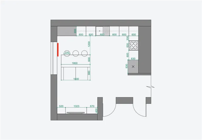 Планировка кухни-гостиной с площадью 20 м²