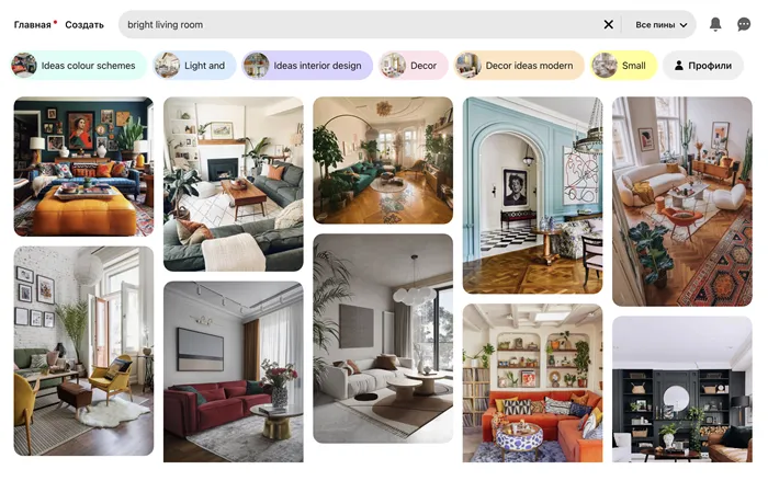 Например, мы хотим сделать яркую гостиную. Ищем bright living room, листаем и выбираем подходящие варианты. Источник: pinterest.com.au