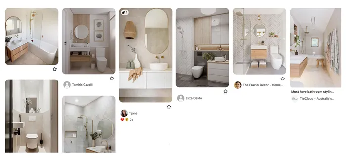 Пример подборок для квартиры, где все одинаковое: мы отталкиваемся от одних и тех же оттенков во всех помещениях, чтобы избавиться от визуального шума. Здесь это теплый белый и теплый оттенок дерева. Это подборка ванных комнат в светлых тонах. Источник: pinterest.com.au