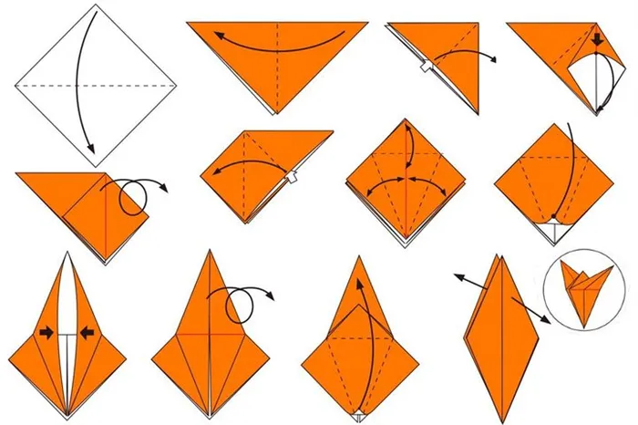 Поэтапная сборка оригами-жирафа на основе базовой формы Птица