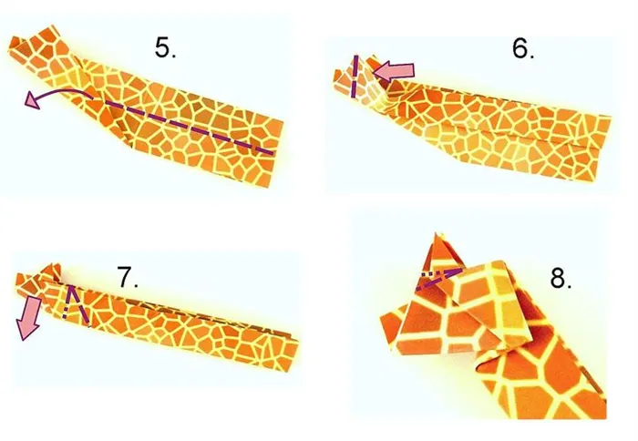 Поэтапная сборка оригами-жирафа по схеме Йоста Лангевельда