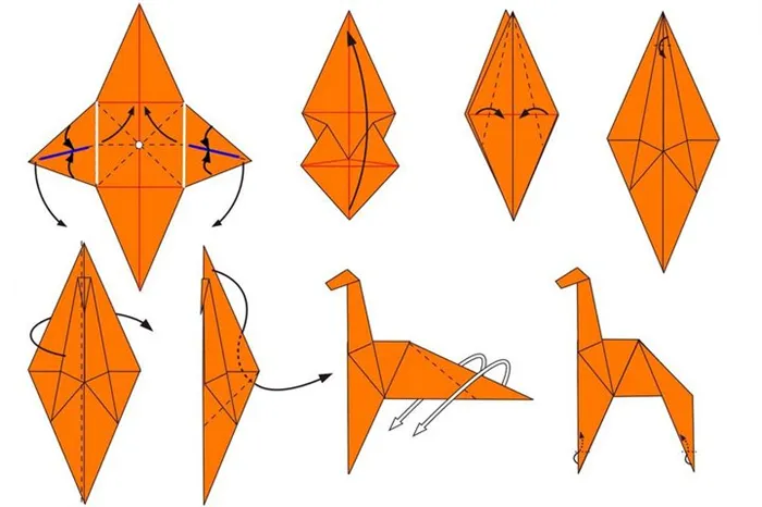 Поэтапная сборка оригами-жирафа на основе базовой формы Птица