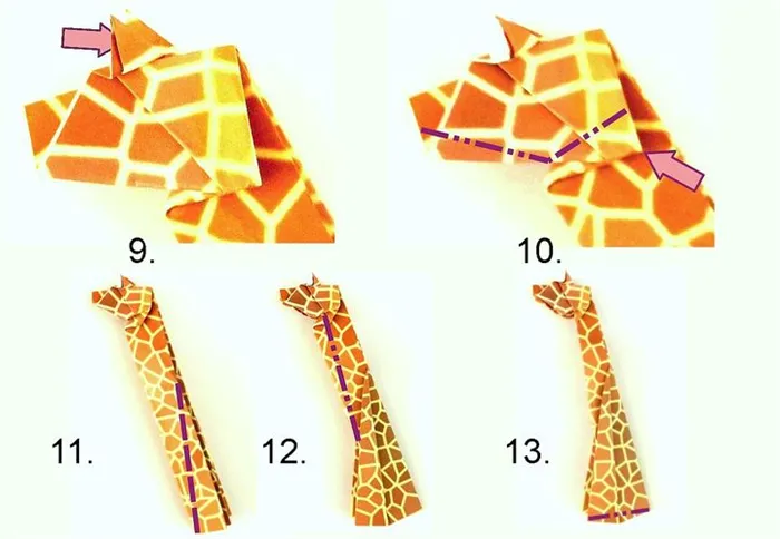 Поэтапная сборка оригами-жирафа по схеме Йоста Лангевельда