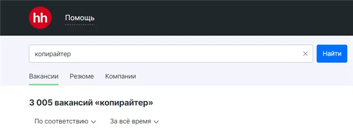 количество вакансий по запросу копирайтер на hh.ru